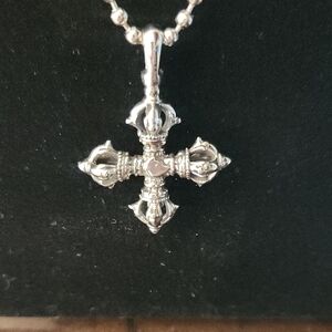 Sterling Silver Tibetan Cross Pendant Necklace - Silver